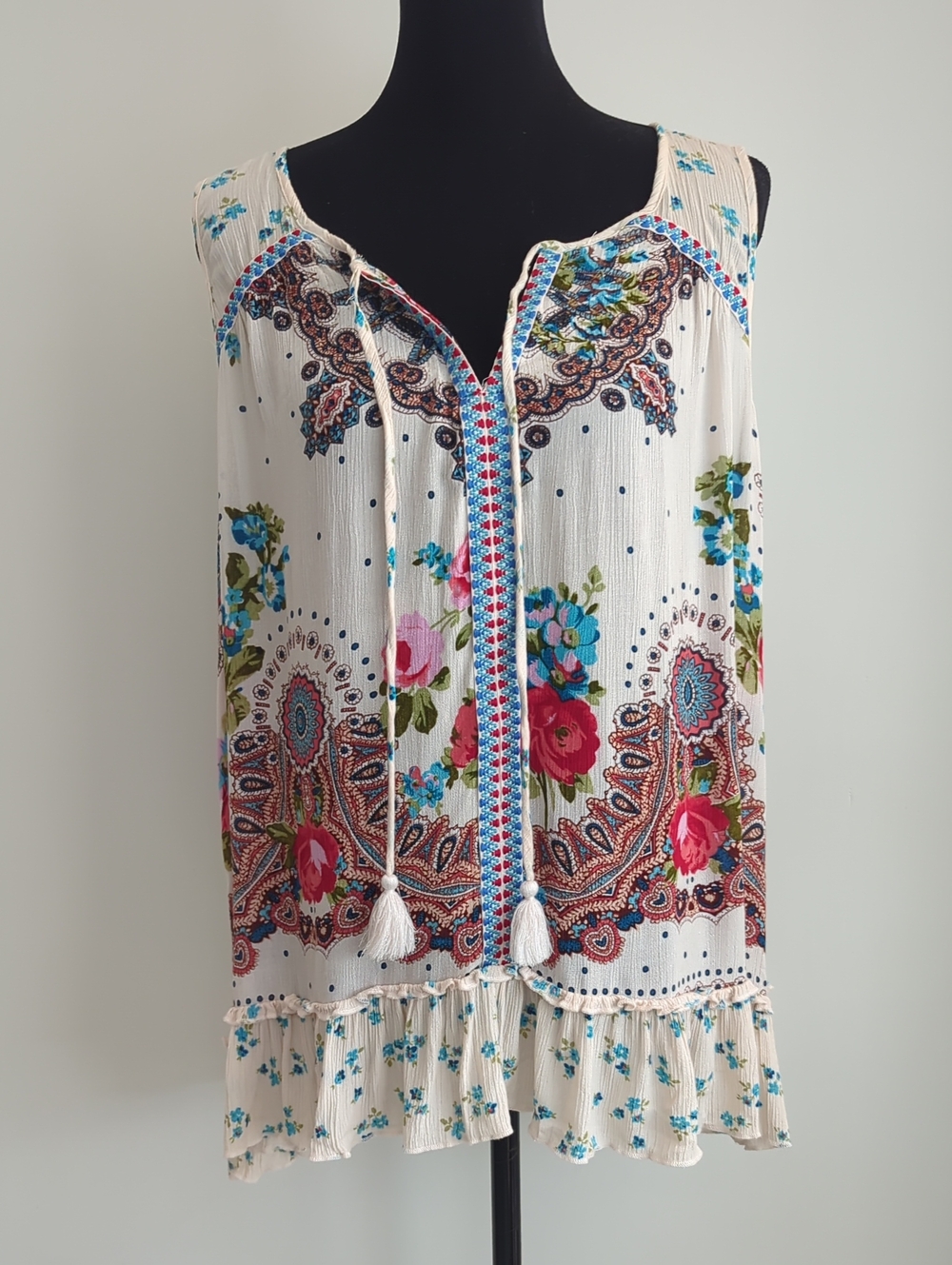 Bila Bohemian Crinkle Gauze Flowy Tassel Tank Top Floral Paisley Medallion XL - Picture 8 of 10